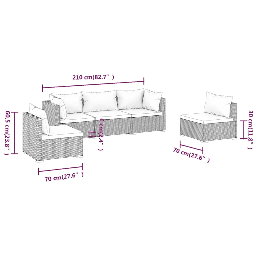 Salon de jardin 5 pcs avec coussins Résine tressée Gris - 7
