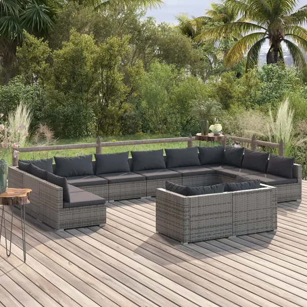 Salon de jardin 12 pcs avec coussins Gris Résine tressée