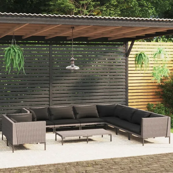 Salon de jardin 10 pcs avec coussins Résine tressée Gris foncé