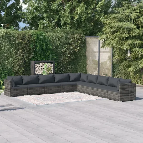 Salon de jardin 9 pcs avec coussins Résine tressée Gris