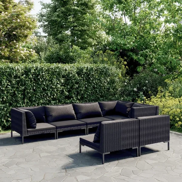 Salon de jardin 7 pcs avec coussins Résine tressée Gris foncé