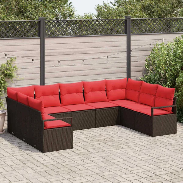 Ensemble de canapé de jardin 9 pcs Marron et rouge polyrotin