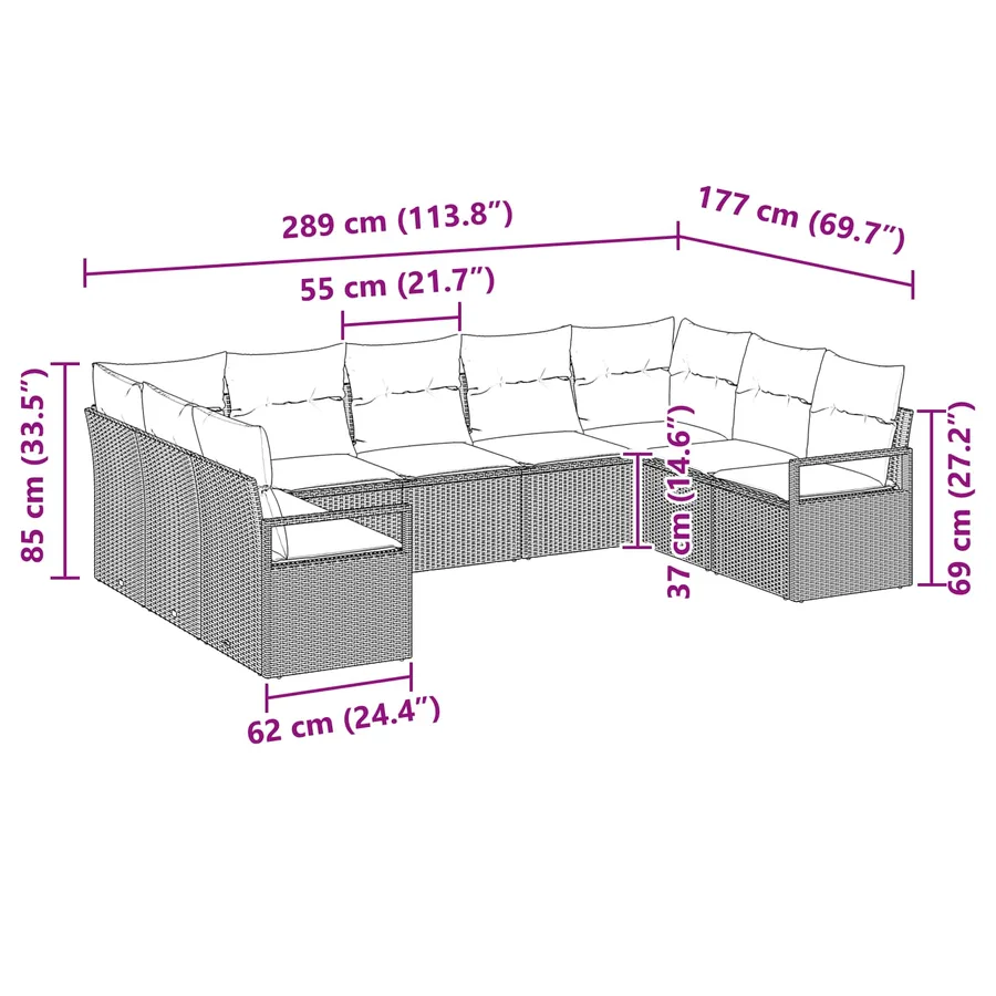 Ensemble de canapé de jardin 9 pcs Marron et rouge polyrotin - 12