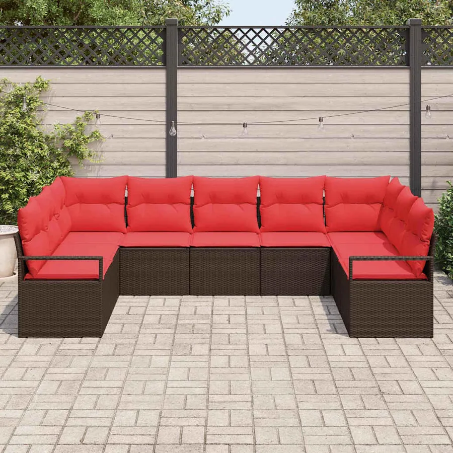 Ensemble de canapé de jardin 9 pcs Marron et rouge polyrotin - 3