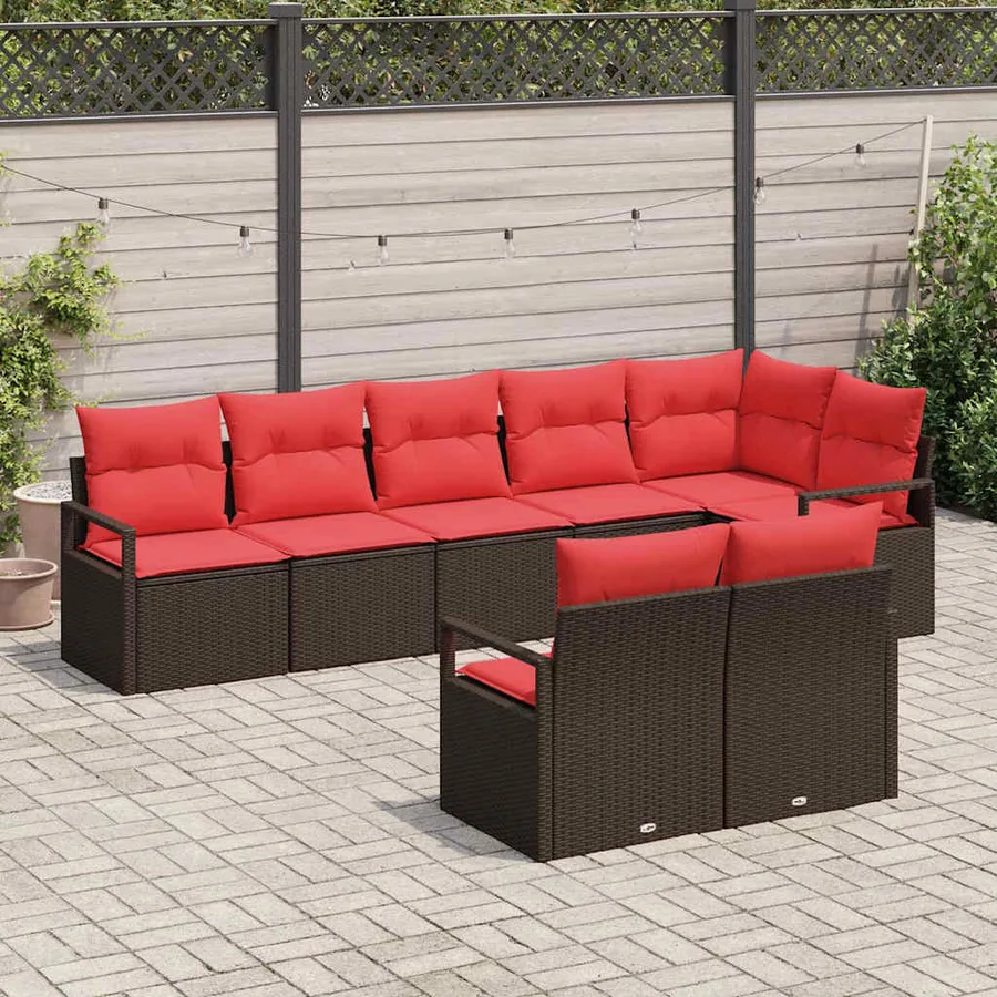 Ensemble de canapé de jardin 8 pcs Marron et rouge polyrotin - 3