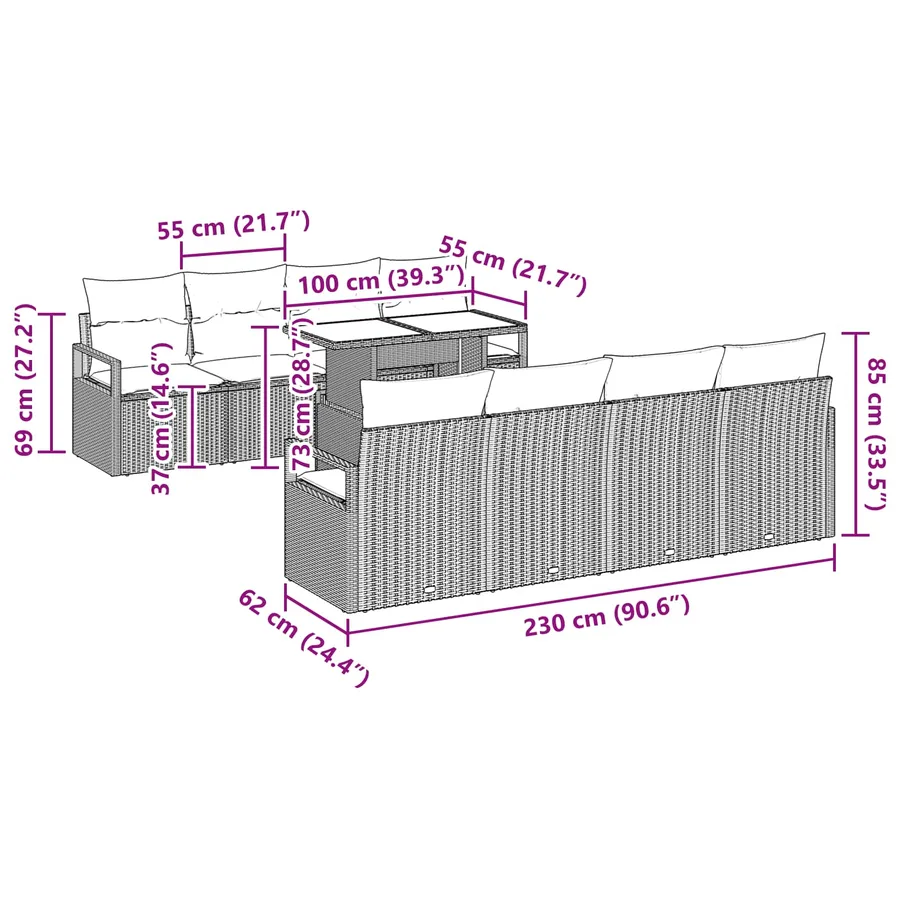 Ensemble de canapé de jardin 9 pcs Marron Poly rotin - 13