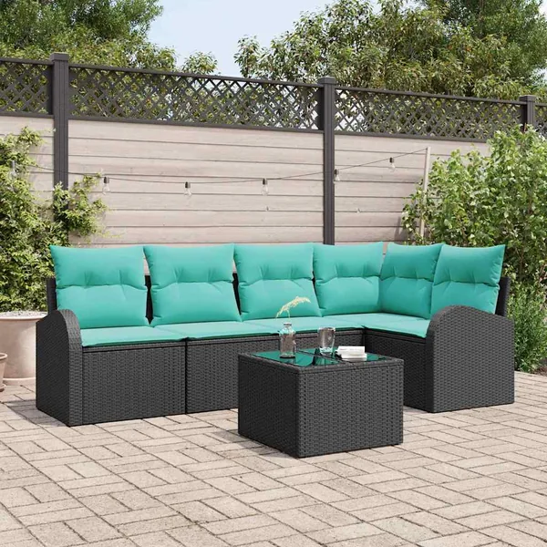 Ensemble de canapé de jardin 6 pcs Noir et turquoise polyrotin