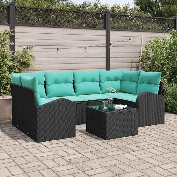 Ensemble de canapé de jardin 7 pcs Noir et turquoise polyrotin