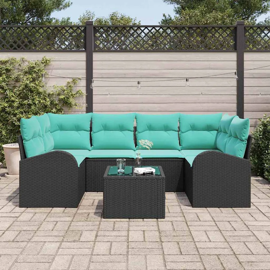 Ensemble de canapé de jardin 7 pcs Noir et turquoise polyrotin - 3