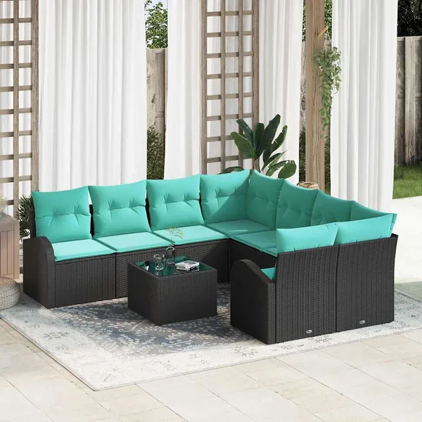 Ensemble de Canapés 9 pcs Noir et turquoise polyrotin