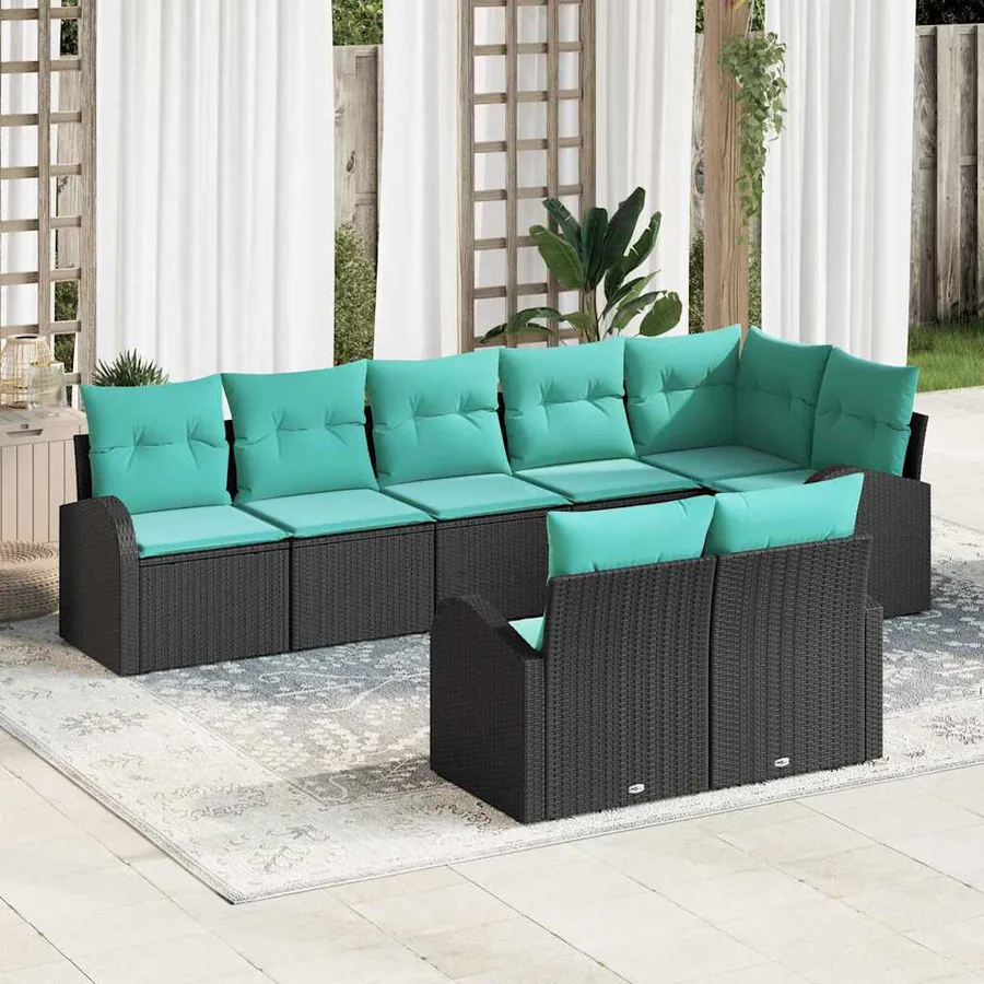 Ensemble de canapé de jardin 8 pcs Noir et turquoise polyrotin
