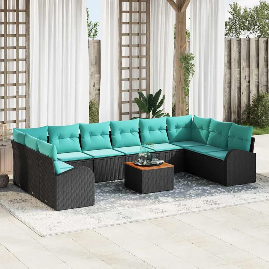 Ensemble de canapé de jardin 11 pcs Noir et turquoise polyrotin