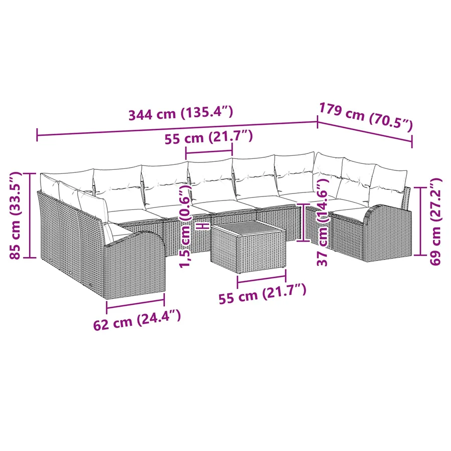 Ensemble de canapé de jardin 11 pcs Noir et turquoise polyrotin - 17