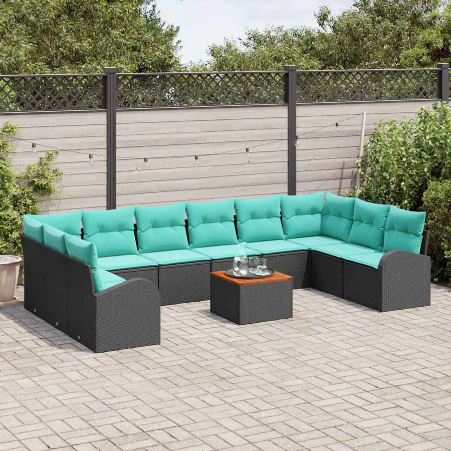 Ensemble de canapé de jardin 11 pcs Noir et turquoise polyrotin - 3