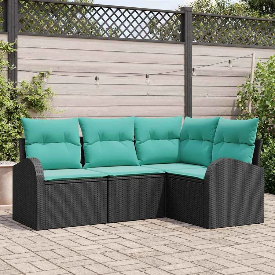 Ensemble de canapé de jardin 4 pcs Noir et turquoise polyrotin