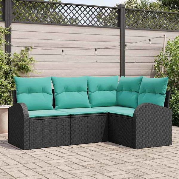 Ensemble de canapé de jardin 4 pcs Noir et turquoise polyrotin