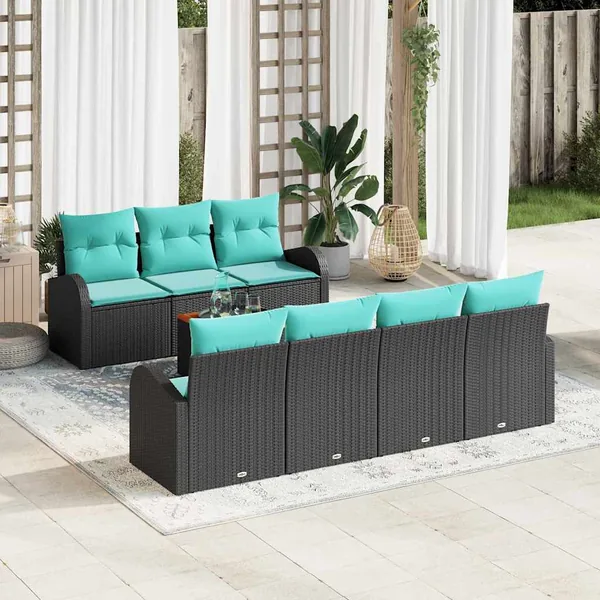 Ensemble de canapé de jardin 8 pcs Noir et turquoise polyrotin
