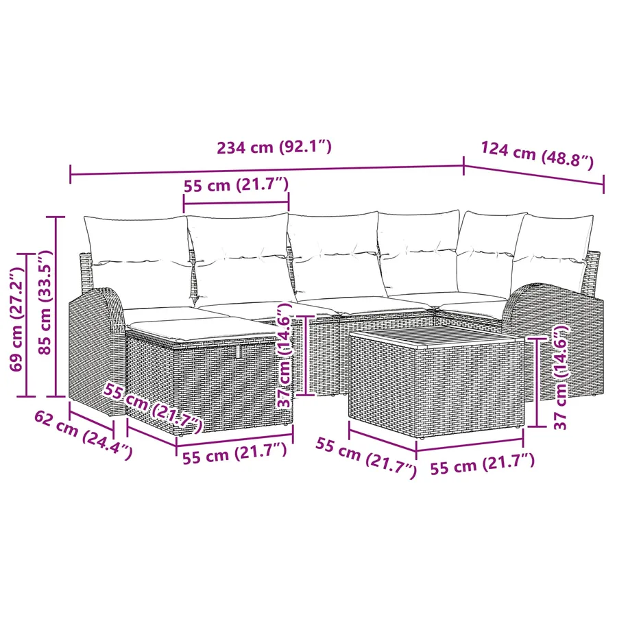 Ensemble de canapé de jardin avec coussin 7 pcs Noir Poly rotin - 15