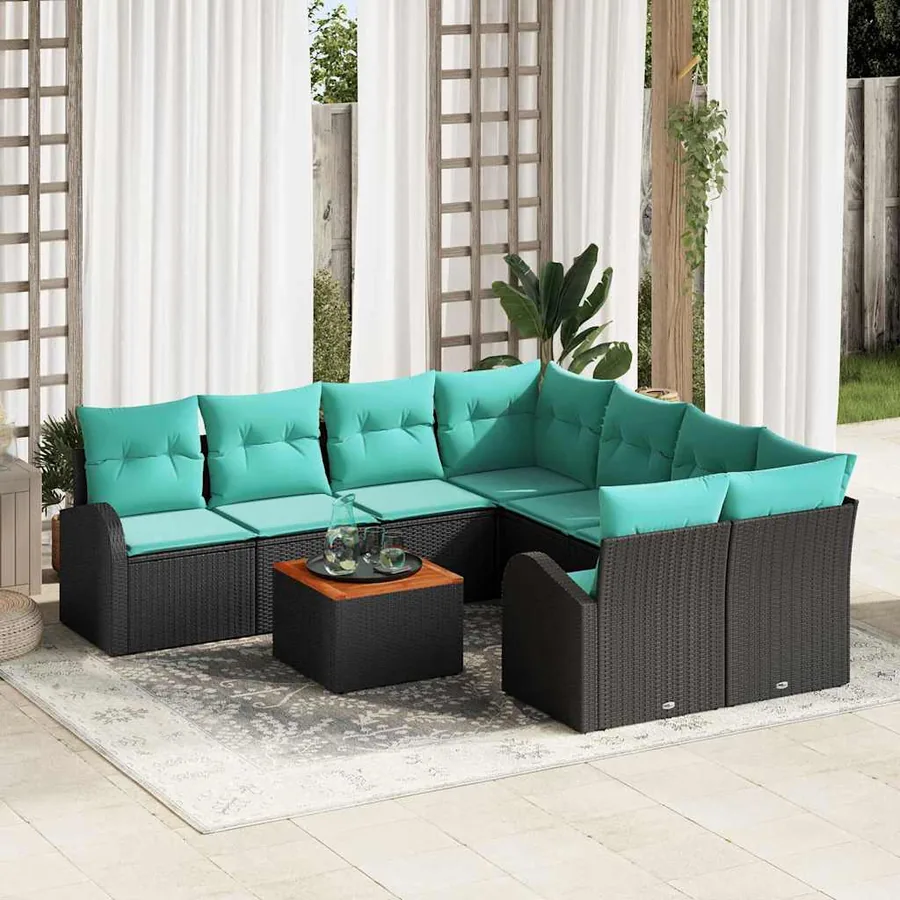 Ensemble de canapé de jardin 9 pcs Noir et turquoise polyrotin