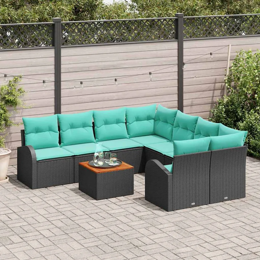 Ensemble de canapé de jardin 9 pcs Noir et turquoise polyrotin - 3