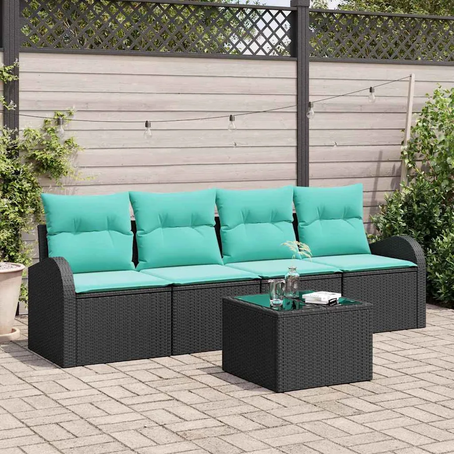Ensemble de canapé de jardin 5 pcs Noir et turquoise polyrotin