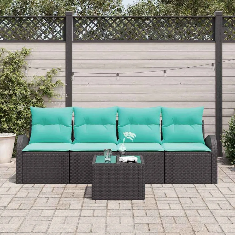 Ensemble de canapé de jardin 5 pcs Noir et turquoise polyrotin - 3