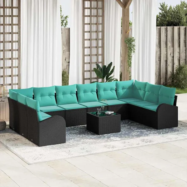 Ensemble de canapé de jardin 11 pcs Noir et turquoise polyrotin