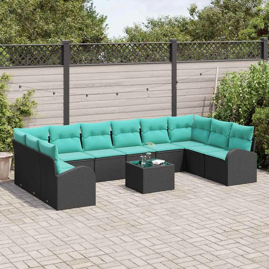 Ensemble de canapé de jardin 11 pcs Noir et turquoise polyrotin - 3
