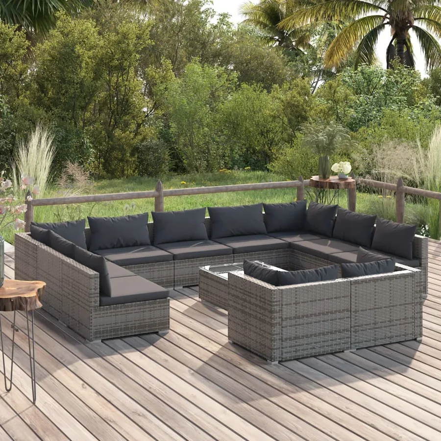 Salon de jardin 12 pcs avec coussins Gris Résine tressée