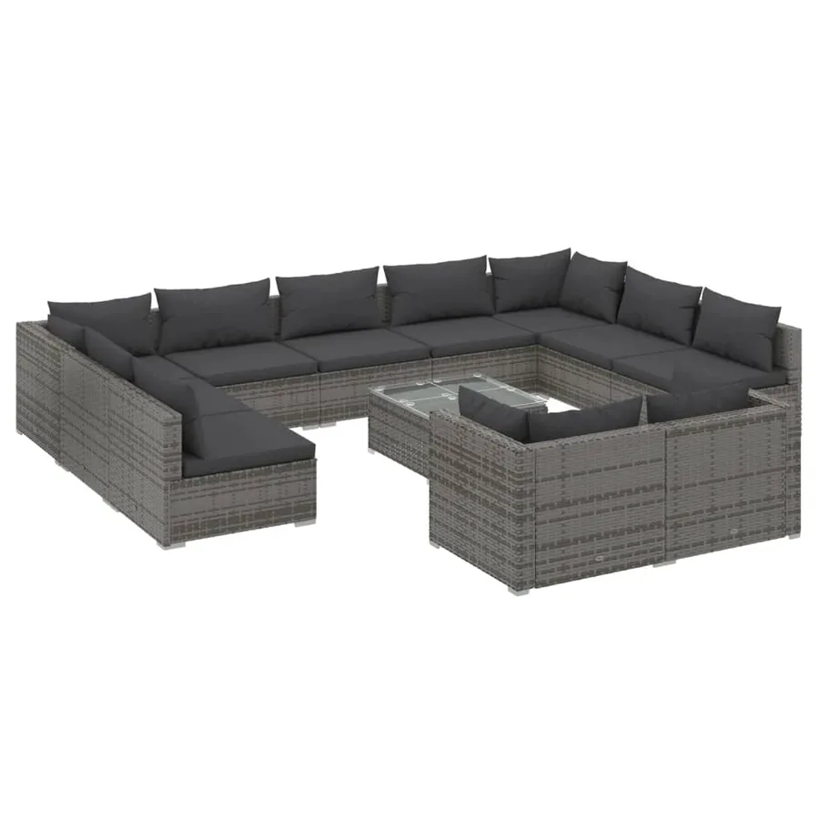 Salon de jardin 12 pcs avec coussins Gris Résine tressée - 2