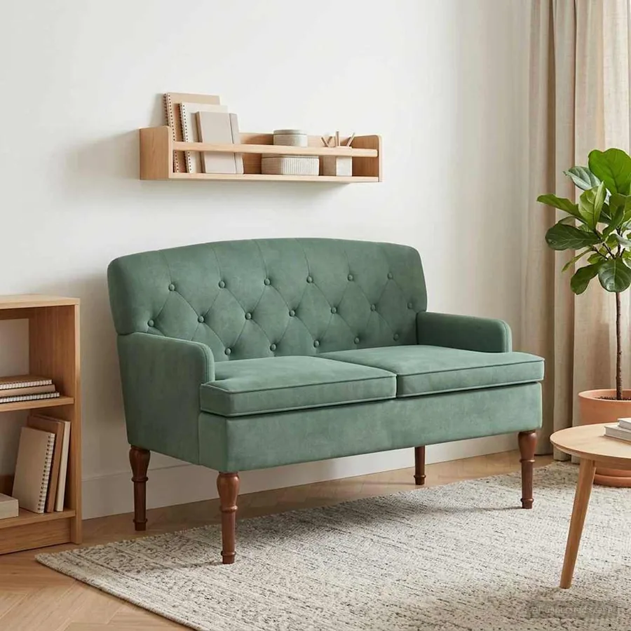 Canapé love seat avec capitonnage en boutons Vert Mer Velours