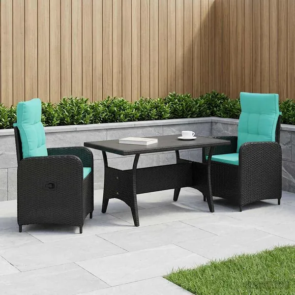 Ensemble de repas extérieur 3 pcs Noir et turquoise polyrotin