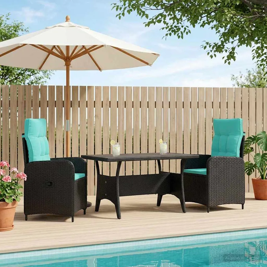 Ensemble de repas extérieur 3 pcs Noir et turquoise polyrotin - 3