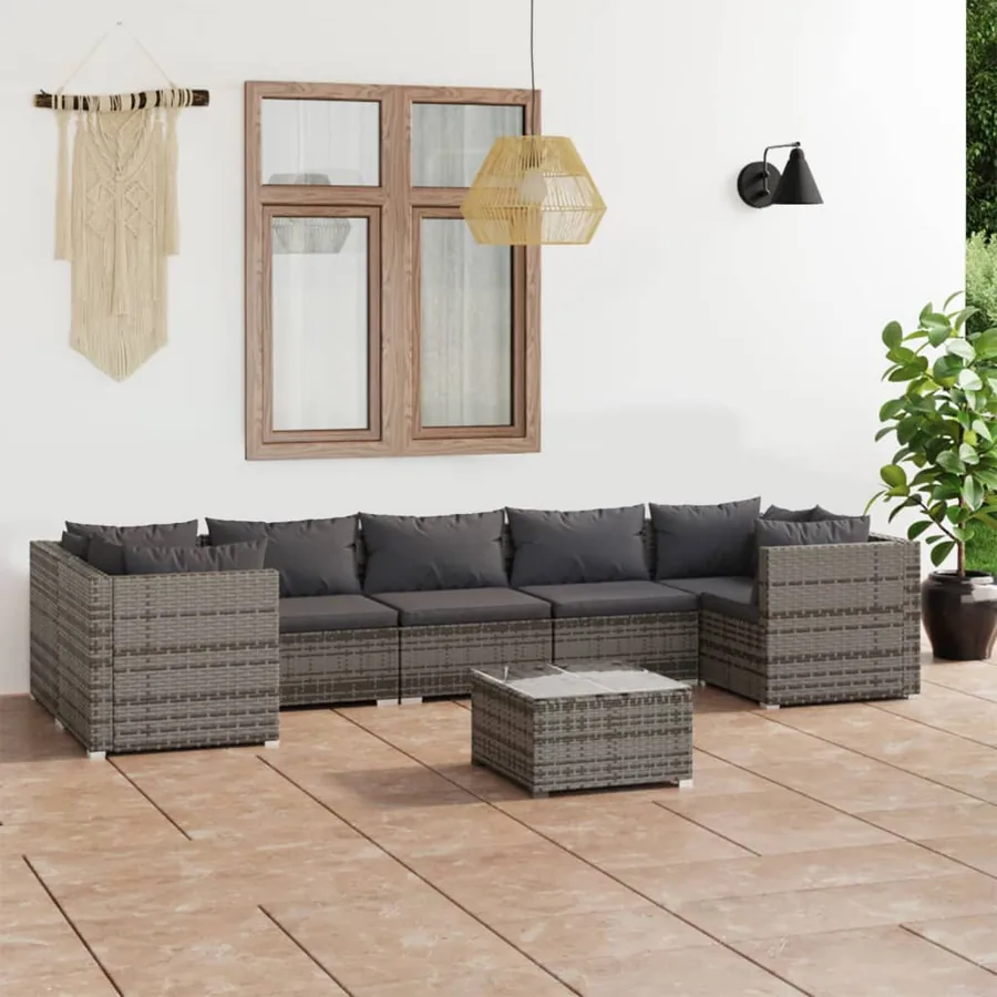 Salon de jardin 8 pcs avec coussins Résine tressée Gris