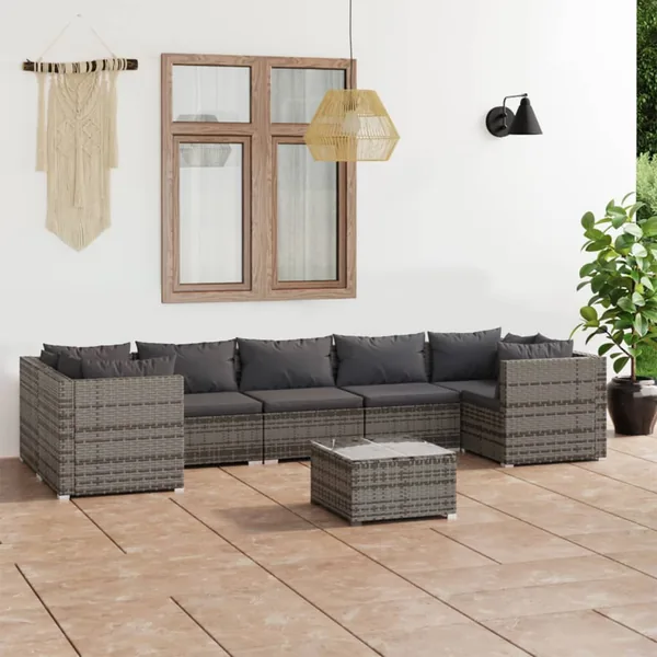 Salon de jardin 8 pcs avec coussins Résine tressée Gris