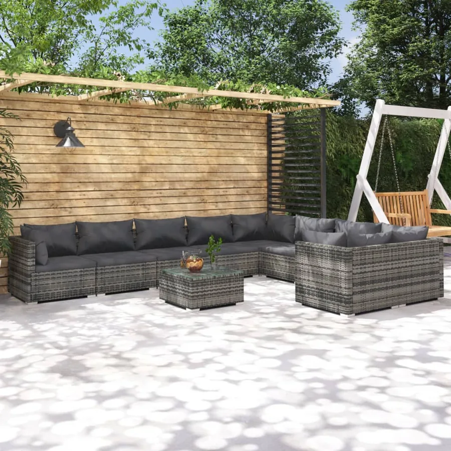 Salon de jardin 10 pcs avec coussins Résine tressée Gris