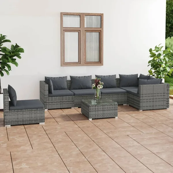Salon de jardin 7 pcs avec coussins Résine tressée Gris