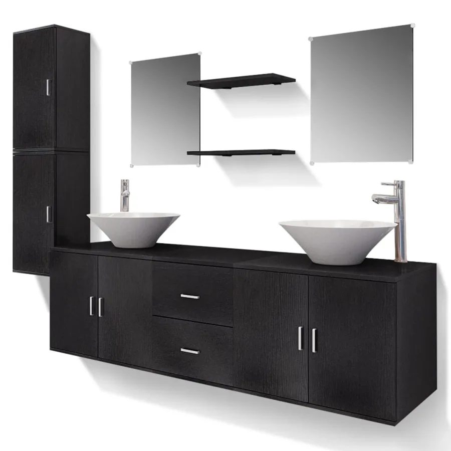 Meuble de salle de bain 11 pcs avec lavabo et robinet Noir - 2