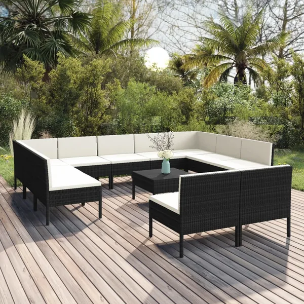 Salon de jardin 12 pcs avec coussins résine tressée noir
