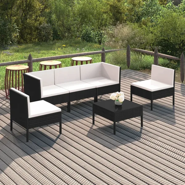 Salon de jardin 6 pcs avec coussins résine tressée noir