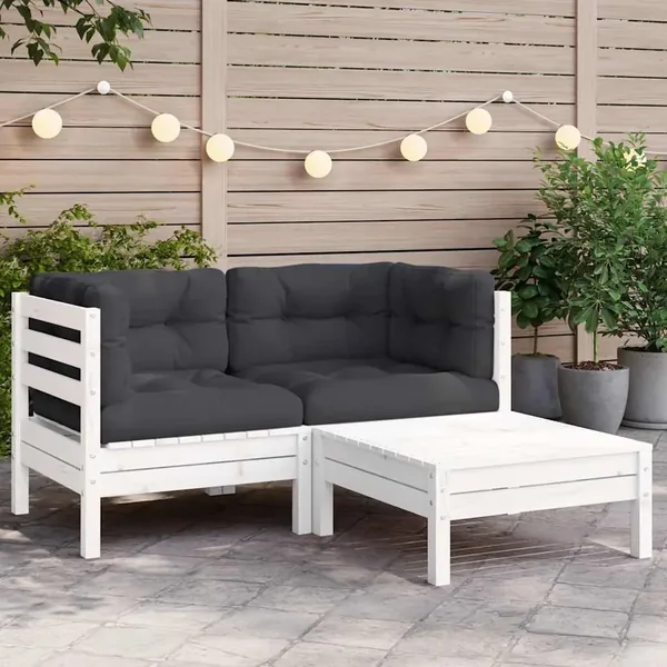 Salon de jardin 3 pcs avec coussins Blanc Bois de pin massif