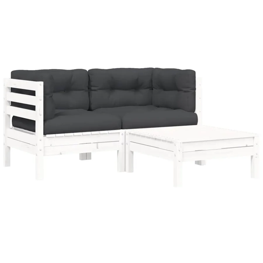 Salon de jardin 3 pcs avec coussins Blanc Bois de pin massif - 2