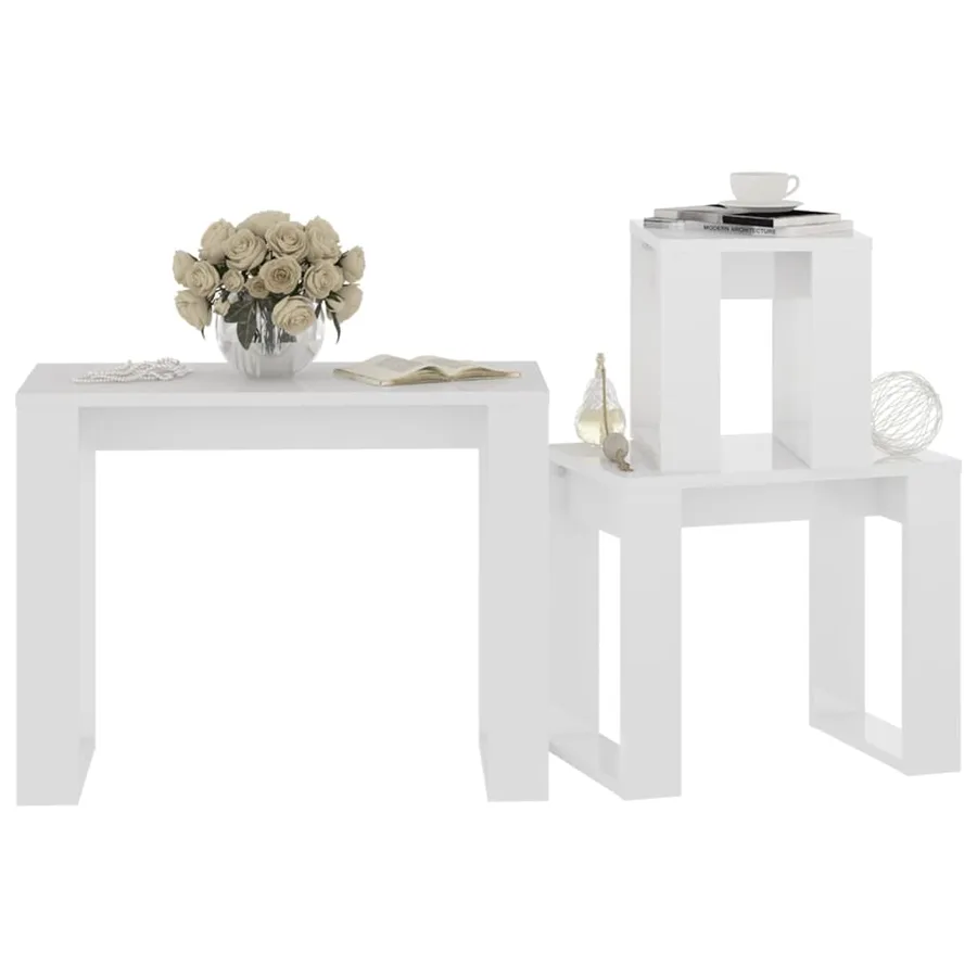 Tables gigognes 3 pcs Blanc brillant Bois d'ingénierie - 4