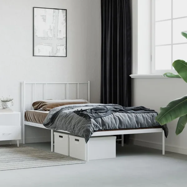 Cadre de lit métal sans matelas avec tête de lit blanc 90x200cm