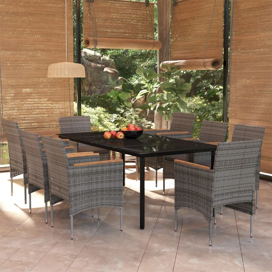 Ensemble à manger de jardin et coussins 9 pcs Gris et noir