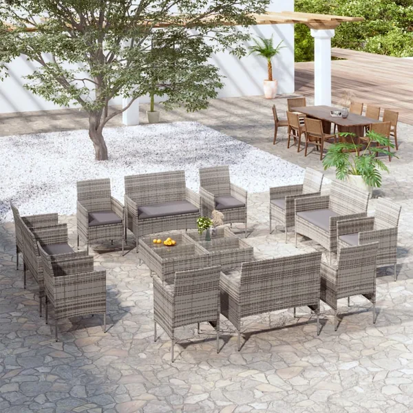 Salon de jardin 16 pcs avec coussins Résine tressée Gris