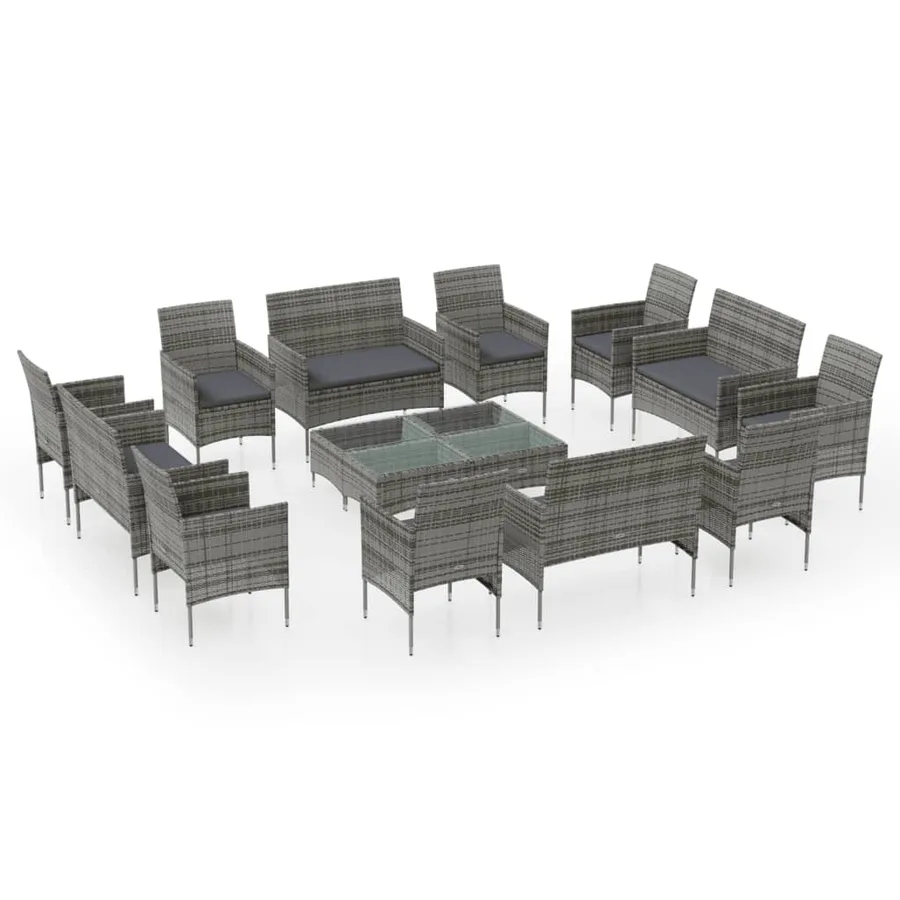 Salon de jardin 16 pcs avec coussins Résine tressée Gris - 2