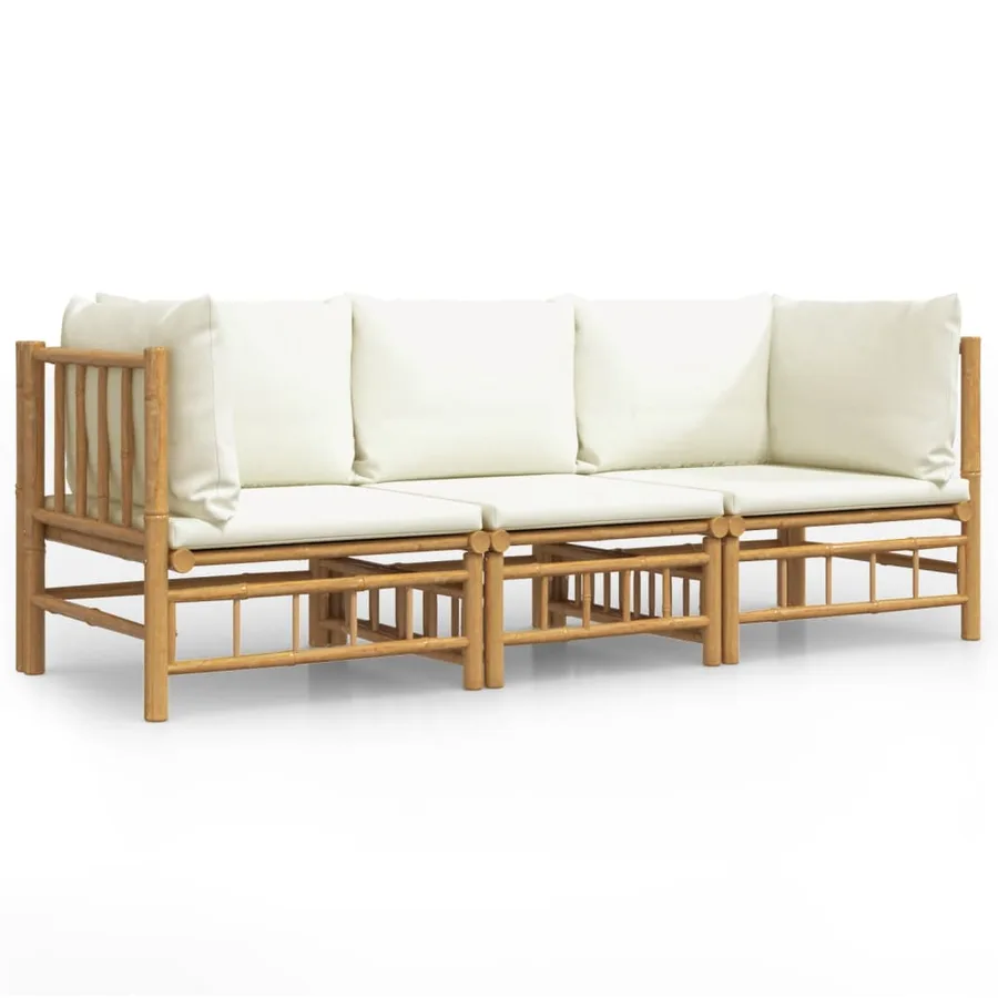 Salon de jardin 3 pcs avec coussins blanc crème bambou - 2