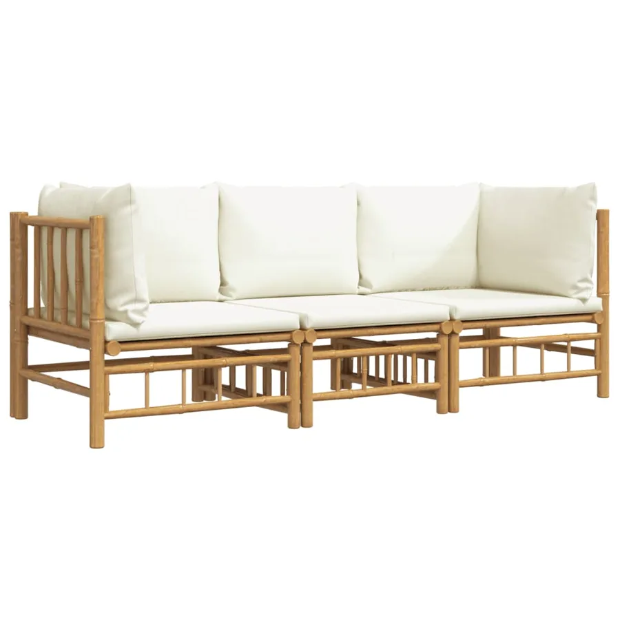 Salon de jardin 3 pcs avec coussins blanc crème bambou - 3