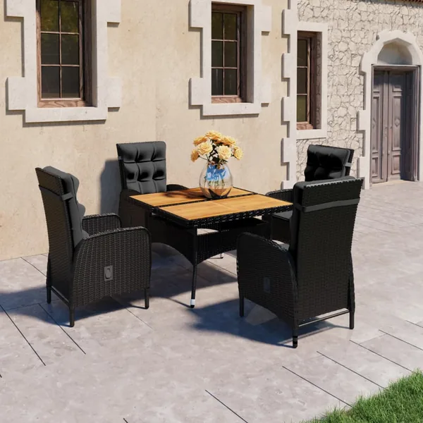 Ensemble à manger de jardin 5 pcs Résine tressée et acacia Noir